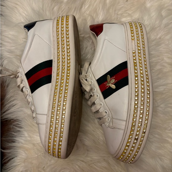 Gucci Women’s White Leather Rhinestone Platform Sneakers Size 39 US 9 - Picture 4 of 11
